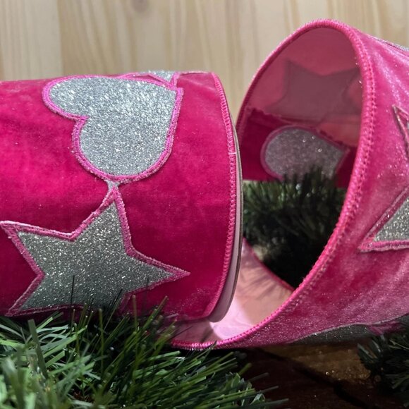 4 inch Hot Pink Velvet with Hearts and Stars Wired Edge Ribbon Holiday Crafts - Picture 7 of 9